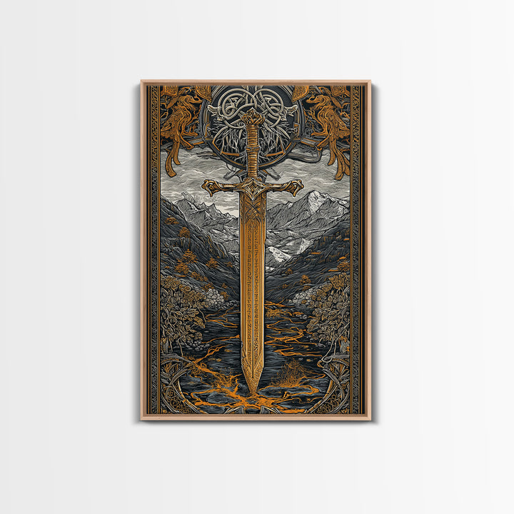 Norse Saga Sword Canvas Gold Art, Viking Inspired Canvas Art for Man Cave or Office, Nordic Mythology Wall Decor in real wood frame
