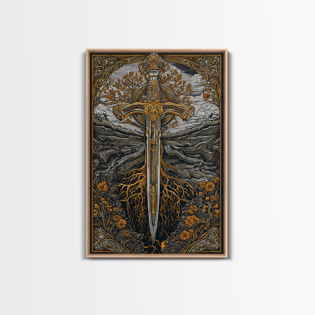 Nordic Sword of Yggdrasil Canvas Gold Art Canvas Art | Viking Mythology Wall Decor for Man Cave or Office | Framed in Real Wood