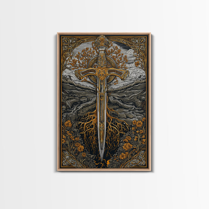 Nordic Sword of Yggdrasil Canvas Gold Art Canvas Art | Viking Mythology Wall Decor for Man Cave or Office | Framed in Real Wood