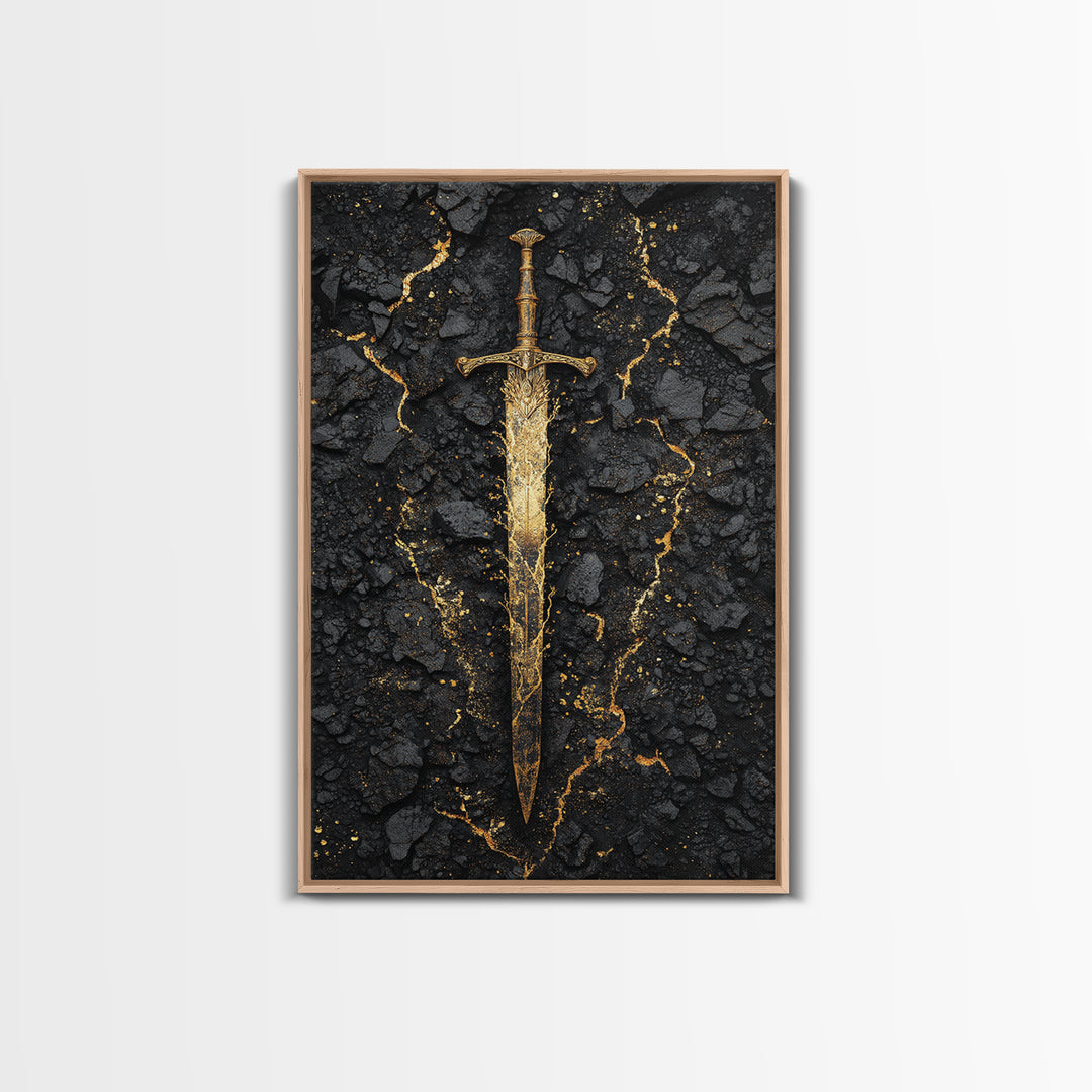 Ancient Viking Sword Canvas Gold Art Canvas Art | Norse Mythology Weapon Wall Decor Office Art Dad Gift | Mounted in Natural Wood