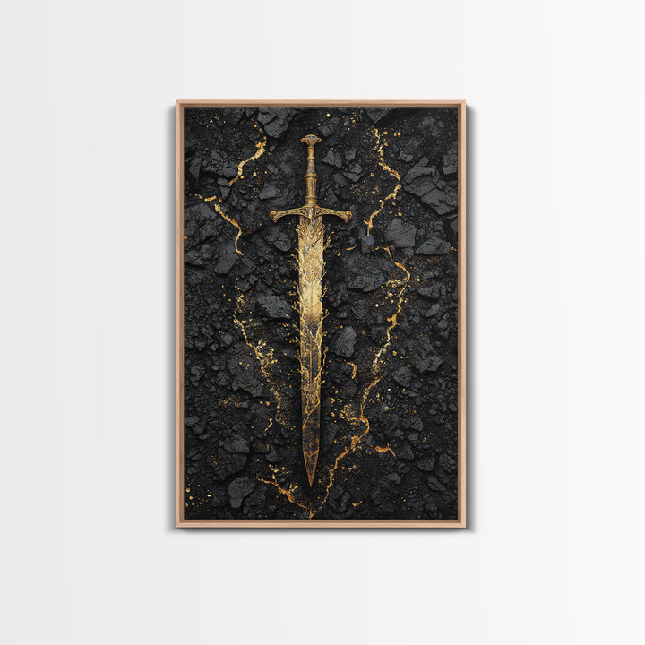 Ancient Viking Sword Canvas Gold Art Canvas Art | Norse Mythology Weapon Wall Decor Office Art Dad Gift | Mounted in Natural Wood