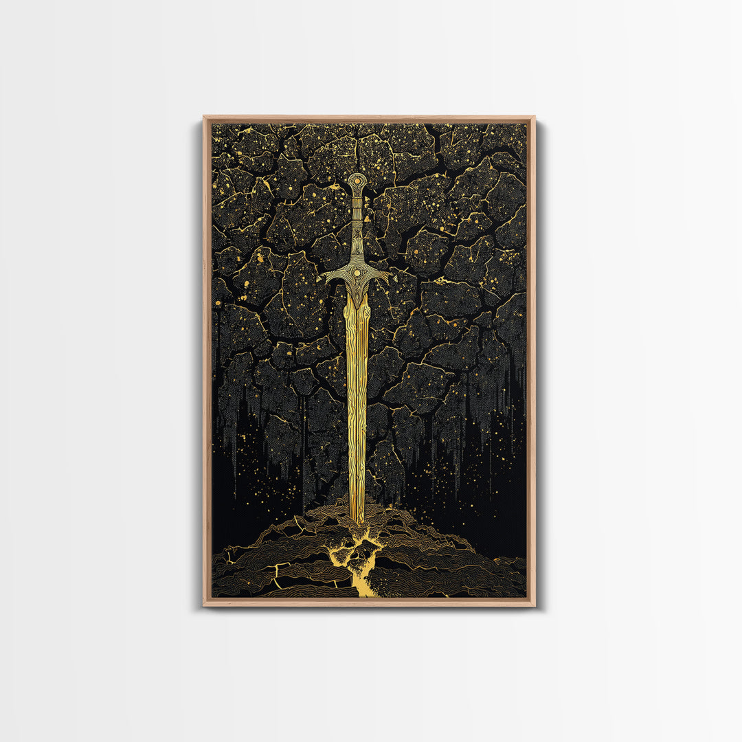 Cracked Earth Viking Blade Canvas Gold Art Canvas Art | Norse Mythology Wall Decor for Office or Man Cave | Framed with Real Wood
