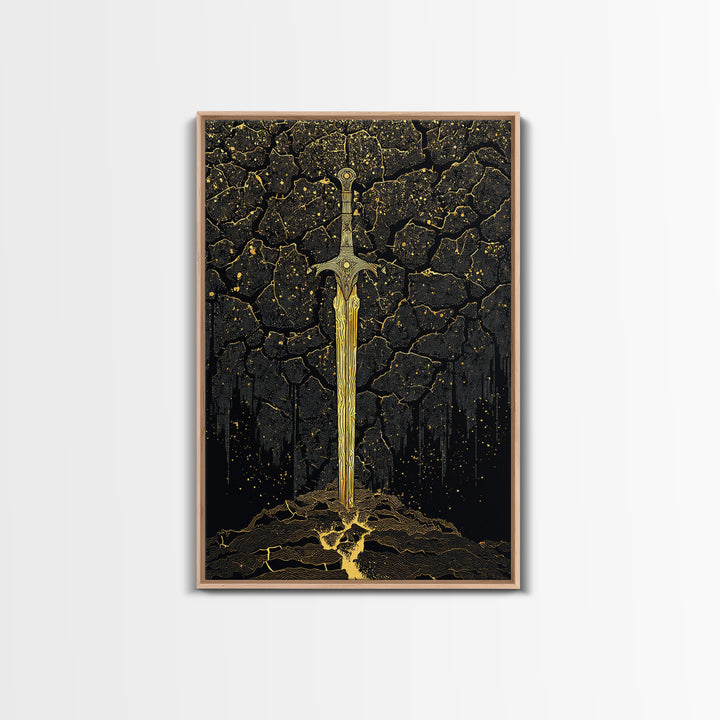 Cracked Earth Viking Blade Canvas Gold Art Canvas Art | Norse Mythology Wall Decor for Office or Man Cave | Framed with Real Wood