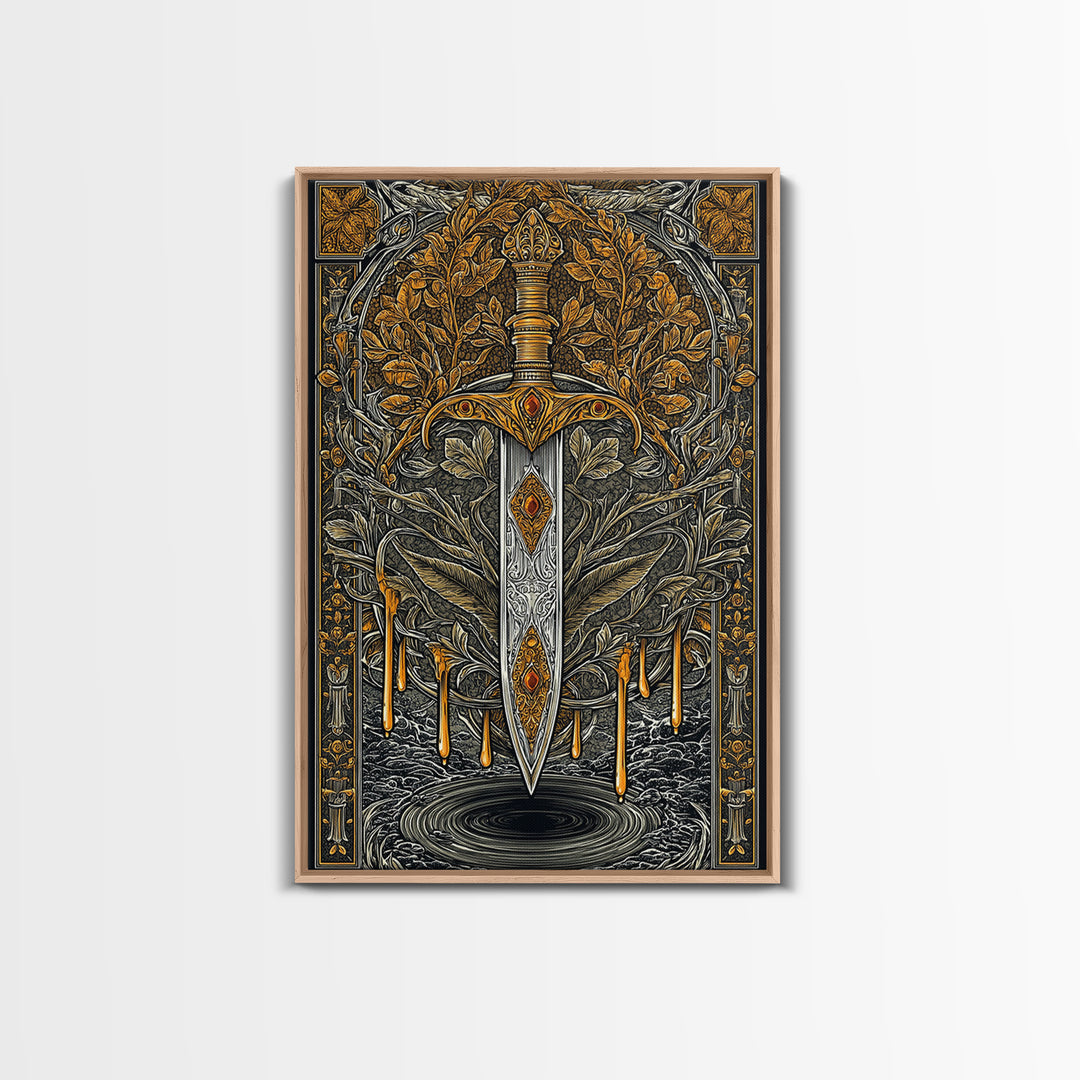 Golden Rune Sword Canvas Gold Art Canvas Art | Viking Mythology Weapon Wall Decor for Dad Gift | Office or Man Cave in Real Wood Frame