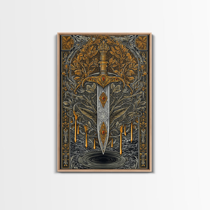Golden Rune Sword Canvas Gold Art Canvas Art | Viking Mythology Weapon Wall Decor for Dad Gift | Office or Man Cave in Real Wood Frame