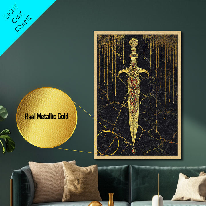 Norse Royal Dagger Metallic Gold Art Metal Art | Viking Weapon Mythology Wall Decor Office Art | Framed with Solid Natural Wood