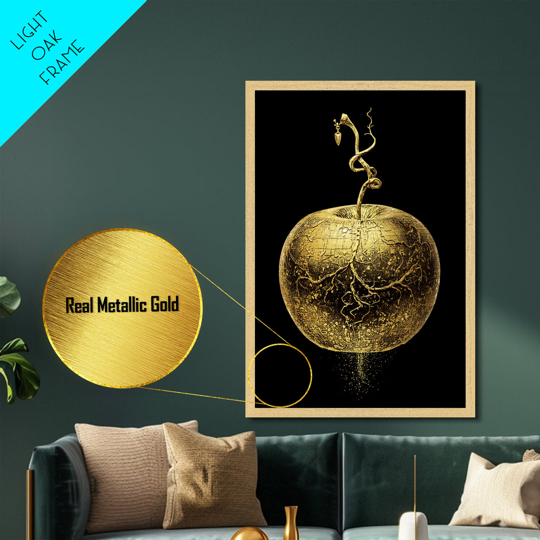 Golden Apple of Idunn Metallic Gold Art Metal Art | Norse Mythology Wall Decor Pagan Symbol | Office Art Dad Gift | Real Wood Frame