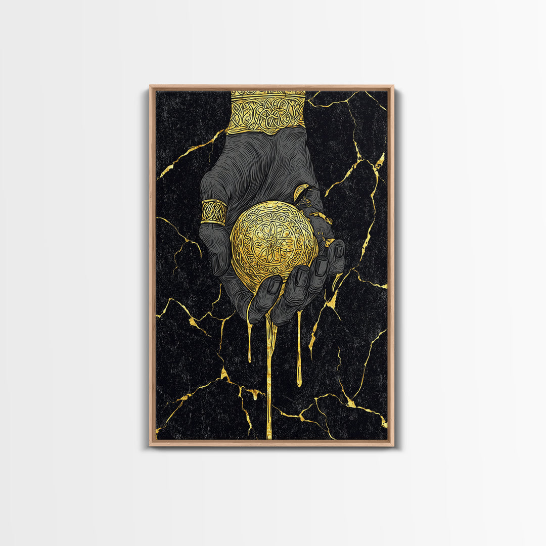 Runic Apple Canvas Gold Art Canvas Art | Viking Mythology Symbol Wall Art | Nordic Norse Decor Dad Gift | Natural Wood Frame