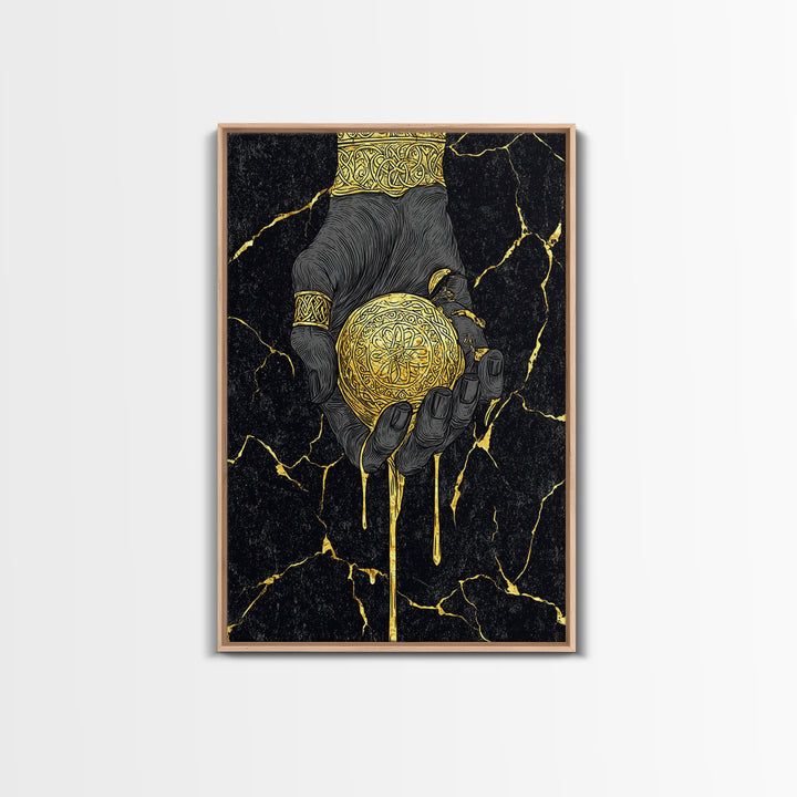 Runic Apple Canvas Gold Art Canvas Art | Viking Mythology Symbol Wall Art | Nordic Norse Decor Dad Gift | Natural Wood Frame