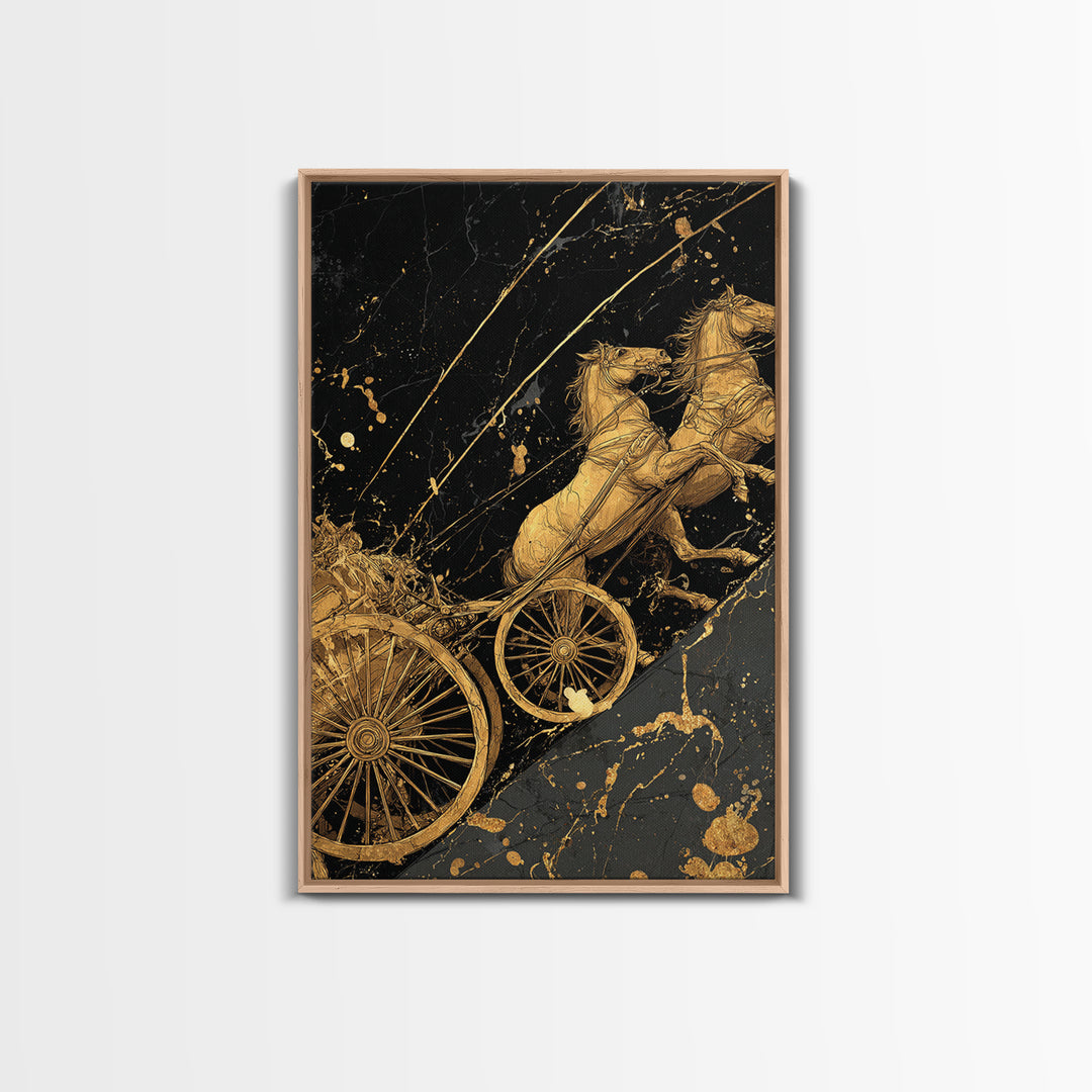Norse Chariot Canvas Gold Art Canvas Art | Viking Mythology Horse Chariot Wall Decor for Office or Man Cave | Framed in Natural Wood