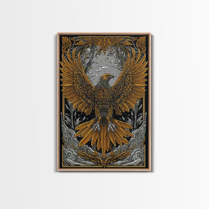 Nordic Eagle Canvas Gold Art Canvas Art Wall Decor for Office or Man Cave, Viking Inspired Artwork in Natural Wood Frame