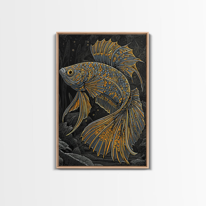 Canvas Gold Art Nordic Fish Canvas Art Wall Hanging, Viking Sea Symbol Decor for Office or Dad Gift, Framed with Real Wood