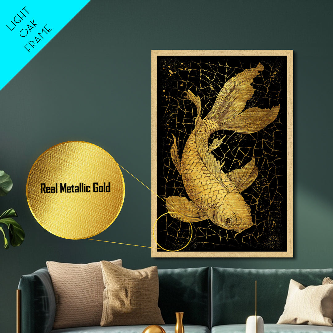 Nordic Mythology Metallic Gold Art Metal Art Koi Fish Wall Decor, Viking Inspired Gift for Men, Framed in Real Wood