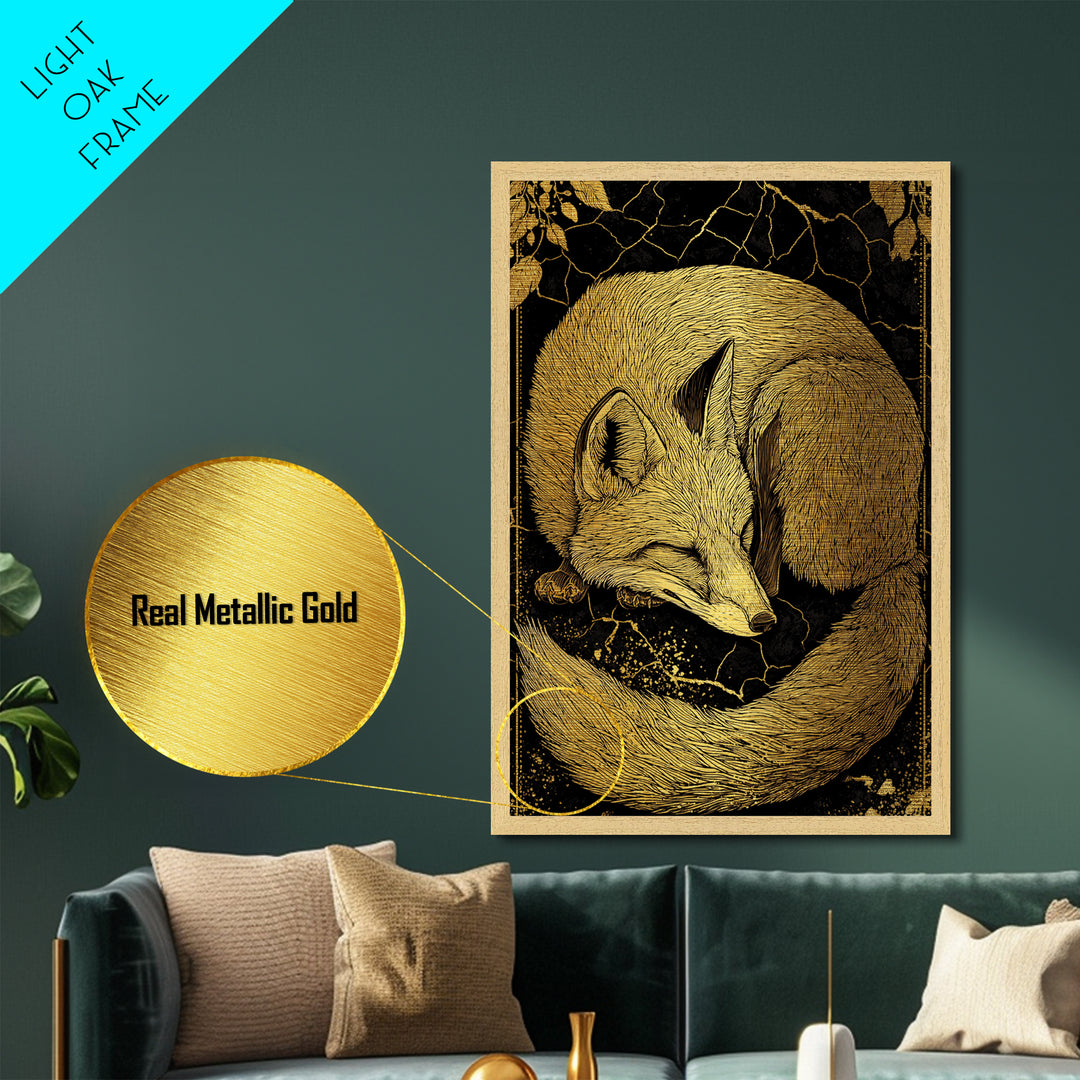 Nordic Sleeping Fox Metallic Gold Art Metal Art Decor, Viking Myth Inspired Animal Wall Hanging with Natural Wood Frame