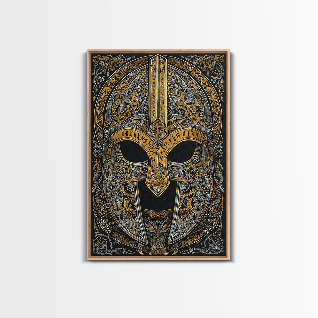 Viking Warrior Helmet Canvas Gold Art Canvas Art Wall Decor, Nordic Mythology Gift for Men or Office, Real Wood Frame Display