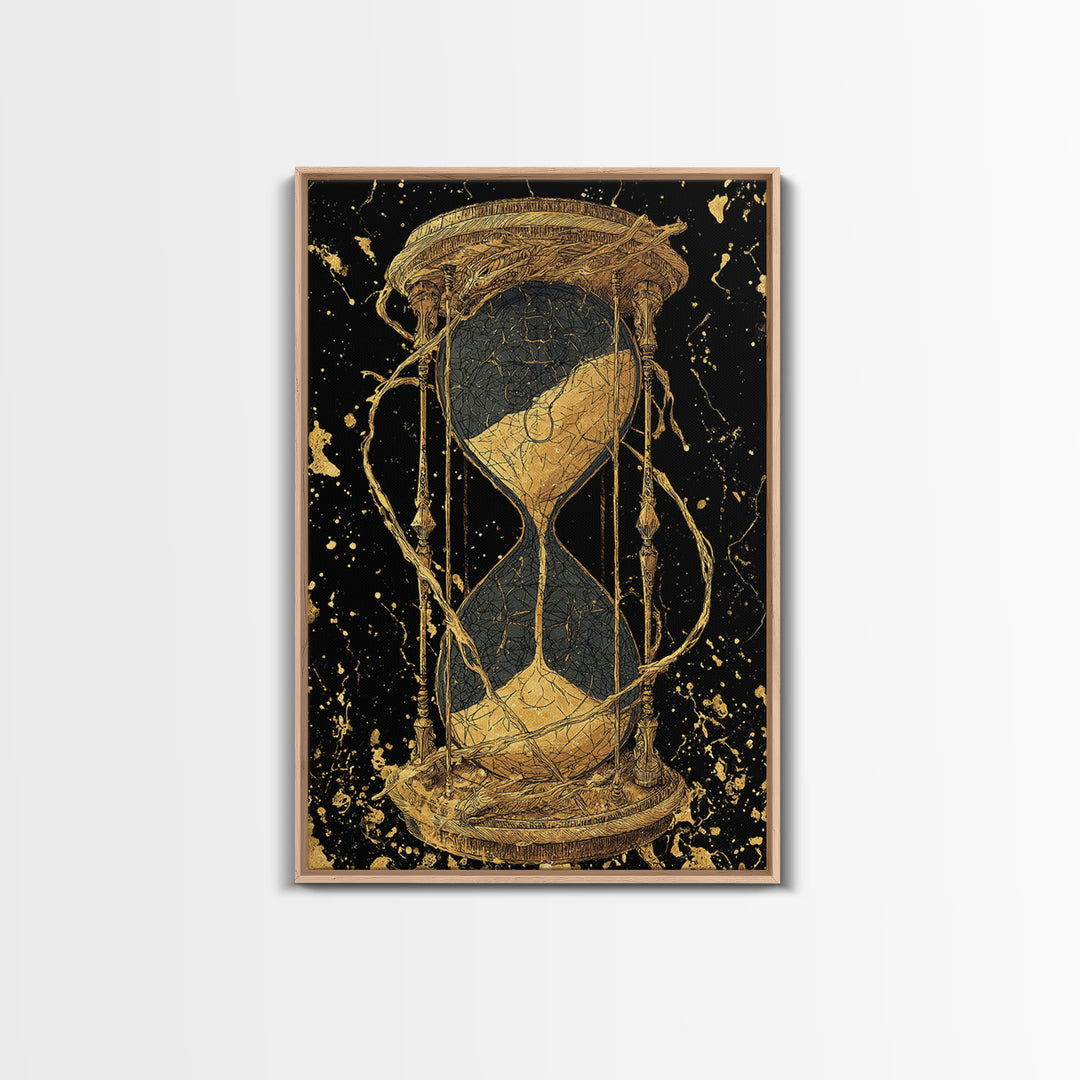 Nordic Hourglass Canvas Gold Art Canvas Art Wall Decor, Viking Myth Time Symbol Artwork for Office or Man Cave, Wood Framed