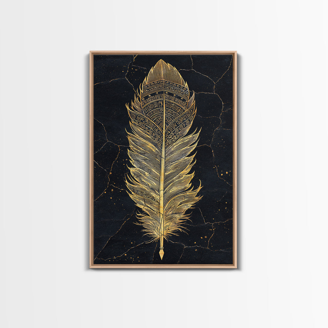 Canvas Gold Art Nordic Feather Canvas Art Wall Decor, Viking Myth Symbol Artwork for Men’s Office or Dad Gift, Real Wood Frame