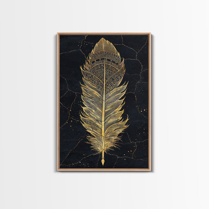 Canvas Gold Art Nordic Feather Canvas Art Wall Decor, Viking Myth Symbol Artwork for Men’s Office or Dad Gift, Real Wood Frame