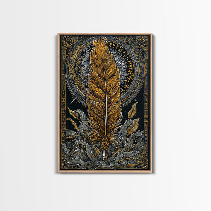 Nordic Mythology Feather Canvas Gold Art Canvas Art Wall Decor, Viking Symbolic Artwork for Man Cave or Office, Natural Wood Frame