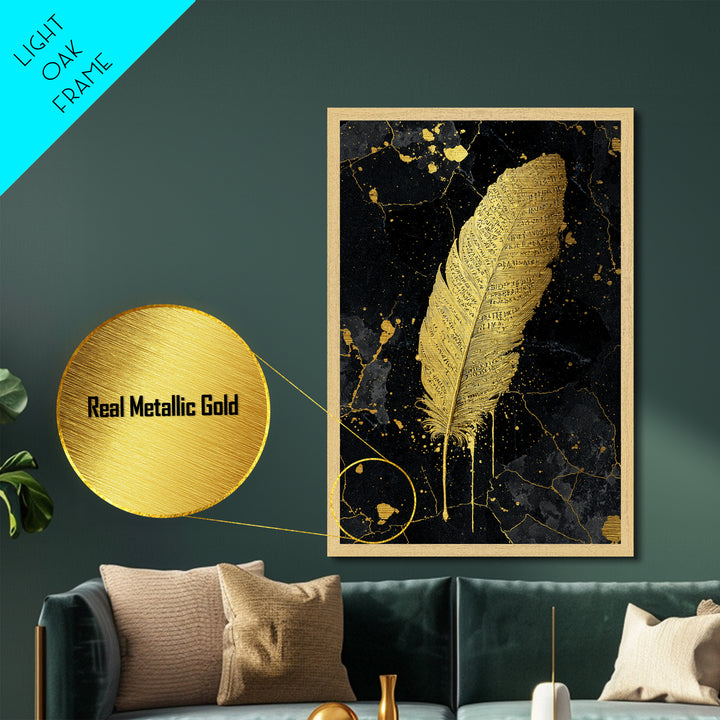 Runic Feather Metallic Gold Art, Nordic Mythology Inspired Metal Art for Office or Man Cave, Framed in Natural Wood