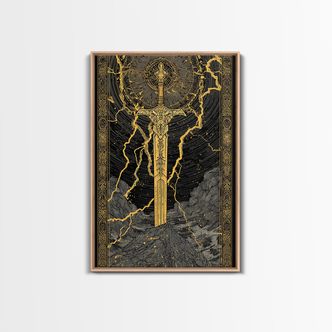 Thor’s Sword Canvas Gold Art, Viking Weapon Nordic Mythology Canvas Art for Man Cave or Office Wall, Real Wood Frame Included