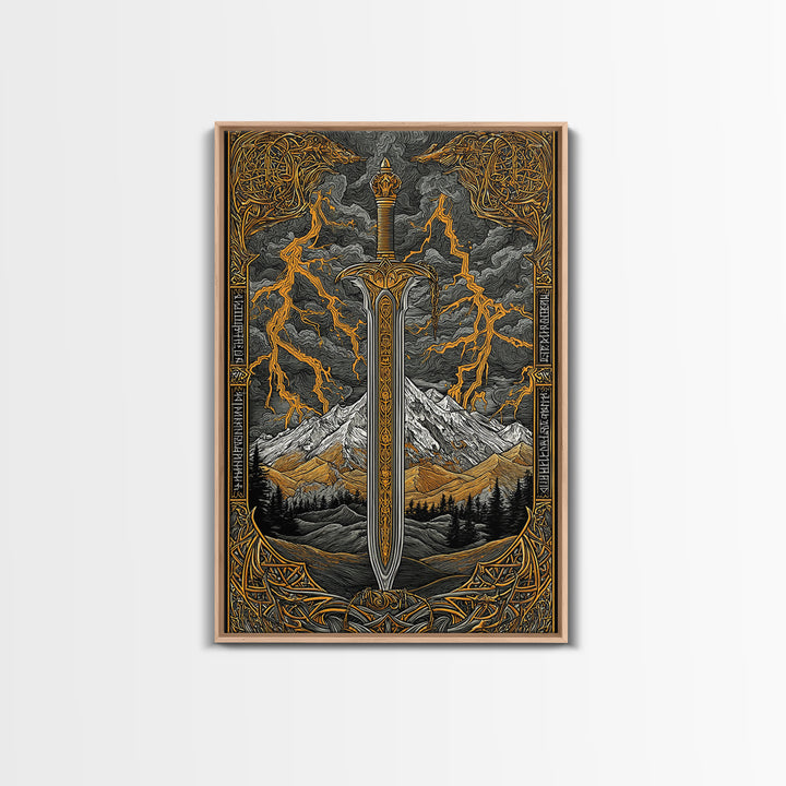 Odin’s Blade Canvas Gold Art, Lightning and Mountain Viking Sword Nordic Canvas Art, Office or Man Cave Decor, Wood Framed