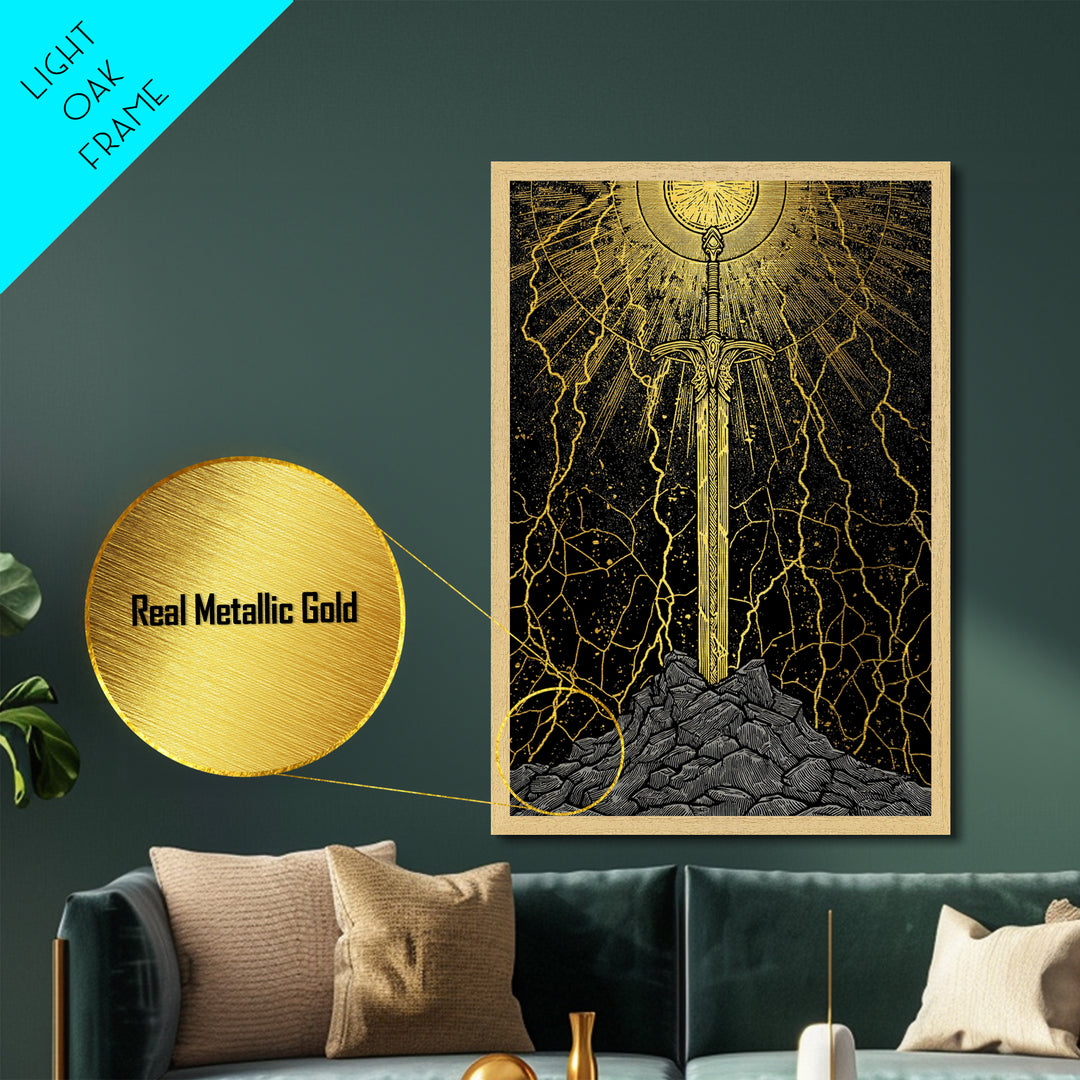 Viking Sword Metallic Gold Art, Norse Mythology Weapon Metal Art with Lightning, Office Wall or Dad Gift, Framed in Wood