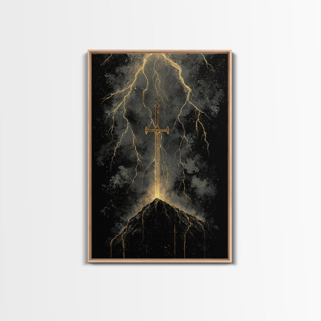 Storm Forged Sword Canvas Gold Art, Nordic Mythology Canvas Art with Lightning Strikes, Man Cave Office Decor, Real Wood Frame