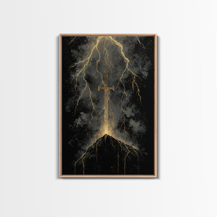 Storm Forged Sword Canvas Gold Art, Nordic Mythology Canvas Art with Lightning Strikes, Man Cave Office Decor, Real Wood Frame