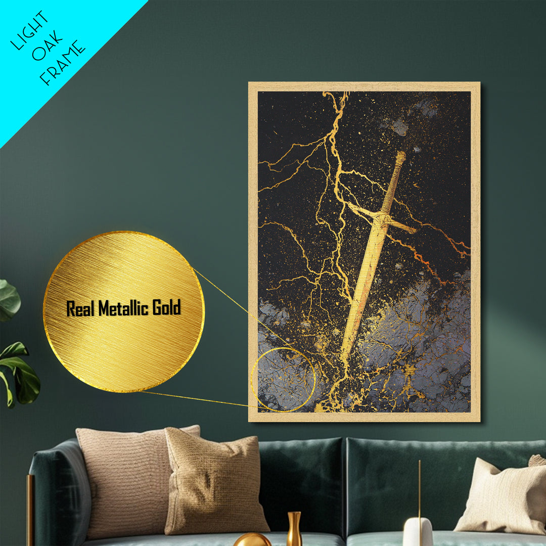 Runed Viking Sword Metallic Gold Art, Nordic Mythology Inspired Metal Art for Office Wall or Man Cave, Natural Wood Frame