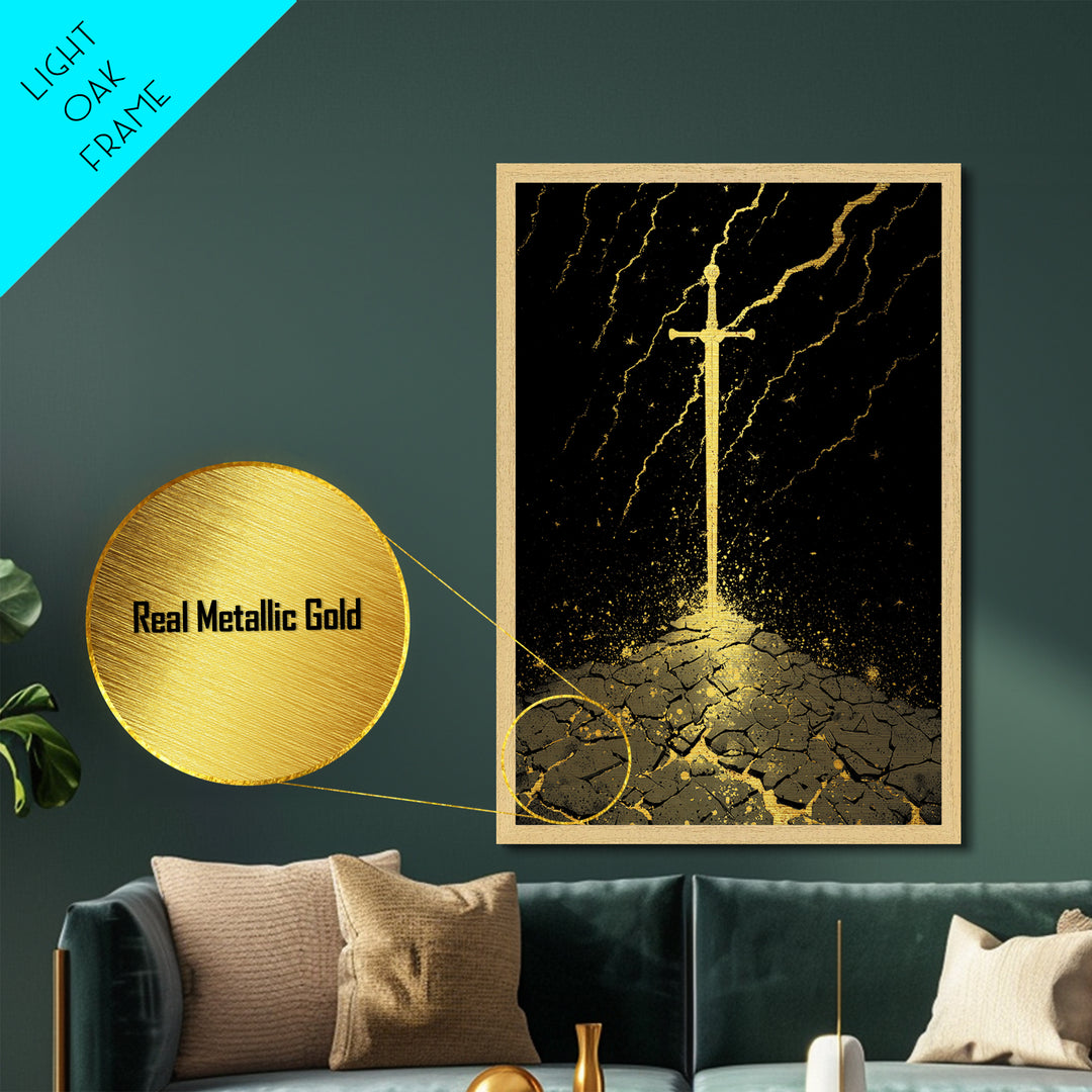 Odin’s Throne Metallic Gold Art, Viking Wolves and Norse Mythology Metal Art for Man Cave or Office Wall, with Real Wood Frame