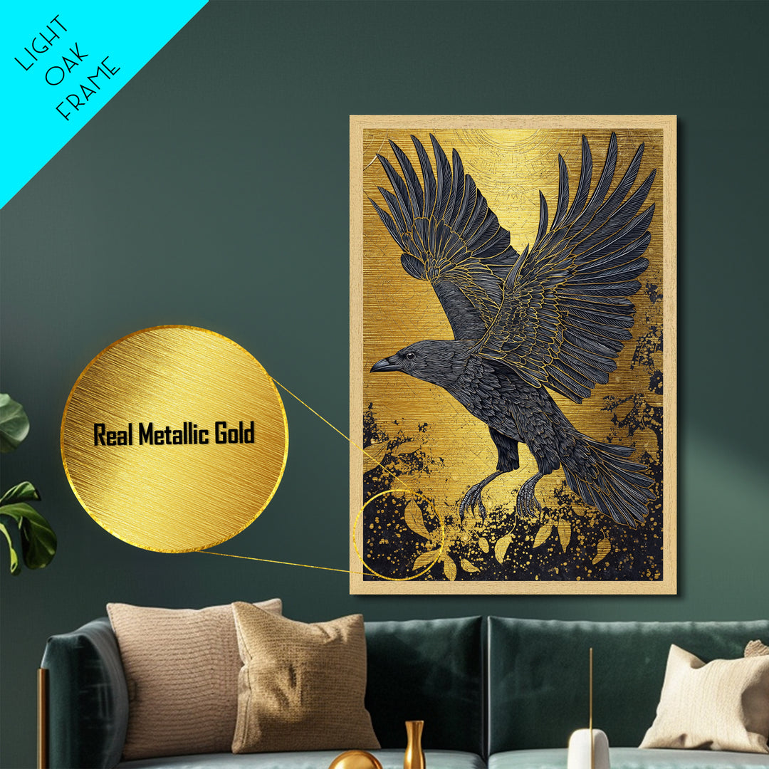 Raven of Odin Metallic Gold Art Metal Art | Norse Mythology Wall Decor | Viking Symbol Office Art Dad Gift | Natural Wood Frame