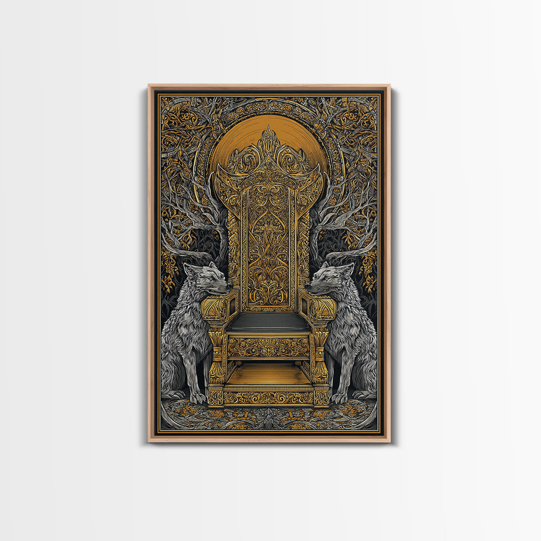 Yggdrasil Throne Canvas Gold Art, Norse Mythology Viking Chair Canvas Art, Office or Man Cave Wall Decor, Real Wood Frame Included