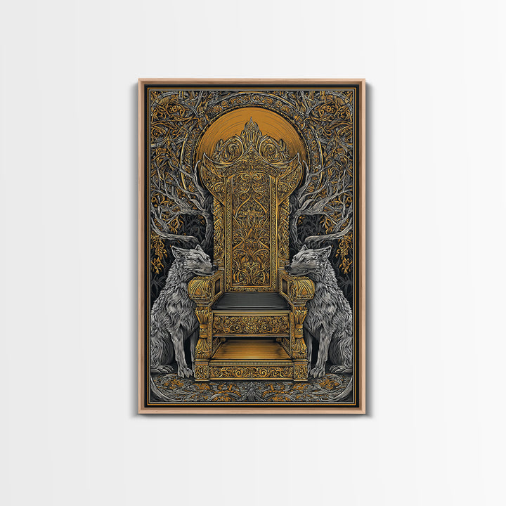 Yggdrasil Throne Canvas Gold Art, Norse Mythology Viking Chair Canvas Art, Office or Man Cave Wall Decor, Real Wood Frame Included