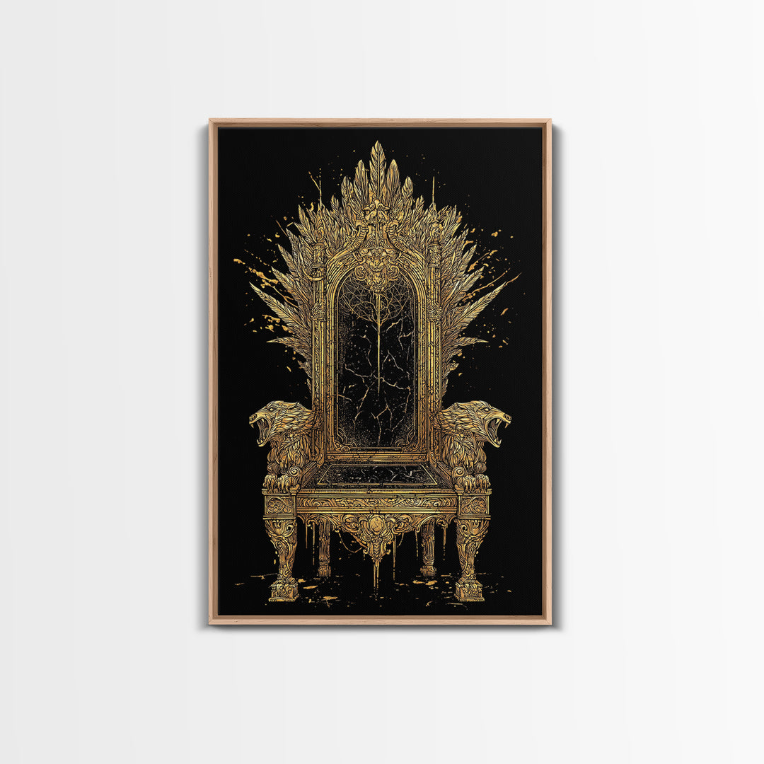 Norse Throne Canvas Gold Art, Viking Canvas Art for Office or Man Cave, Nordic Mythology Wall Decor framed in natural wood