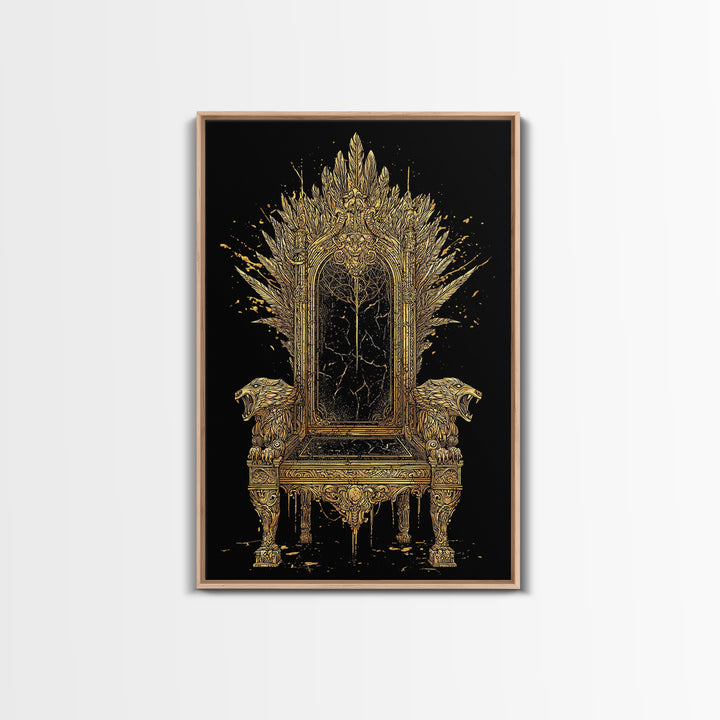 Norse Throne Canvas Gold Art, Viking Canvas Art for Office or Man Cave, Nordic Mythology Wall Decor framed in natural wood