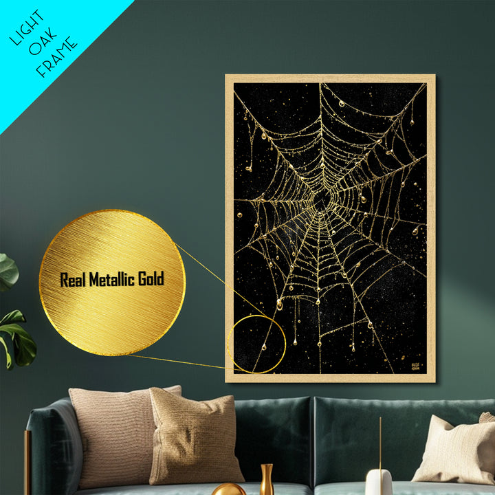 Norse Fate Web Metallic Gold Art, Nordic Metal Art of Urd’s Threads, Viking Office Wall Decor framed in authentic natural wood