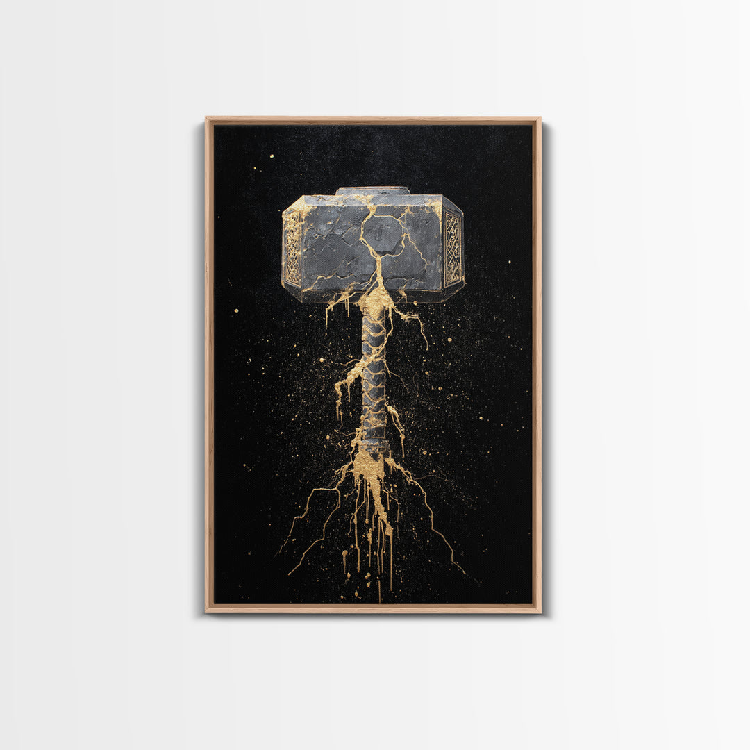 Thor’s Hammer Mjolnir Canvas Gold Art, Norse Canvas Art Wall Decor for Man Cave or Office, Viking Gift framed with real wood
