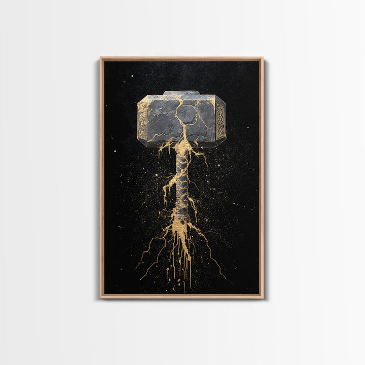 Thor’s Hammer Mjolnir Canvas Gold Art, Norse Canvas Art Wall Decor for Man Cave or Office, Viking Gift framed with real wood