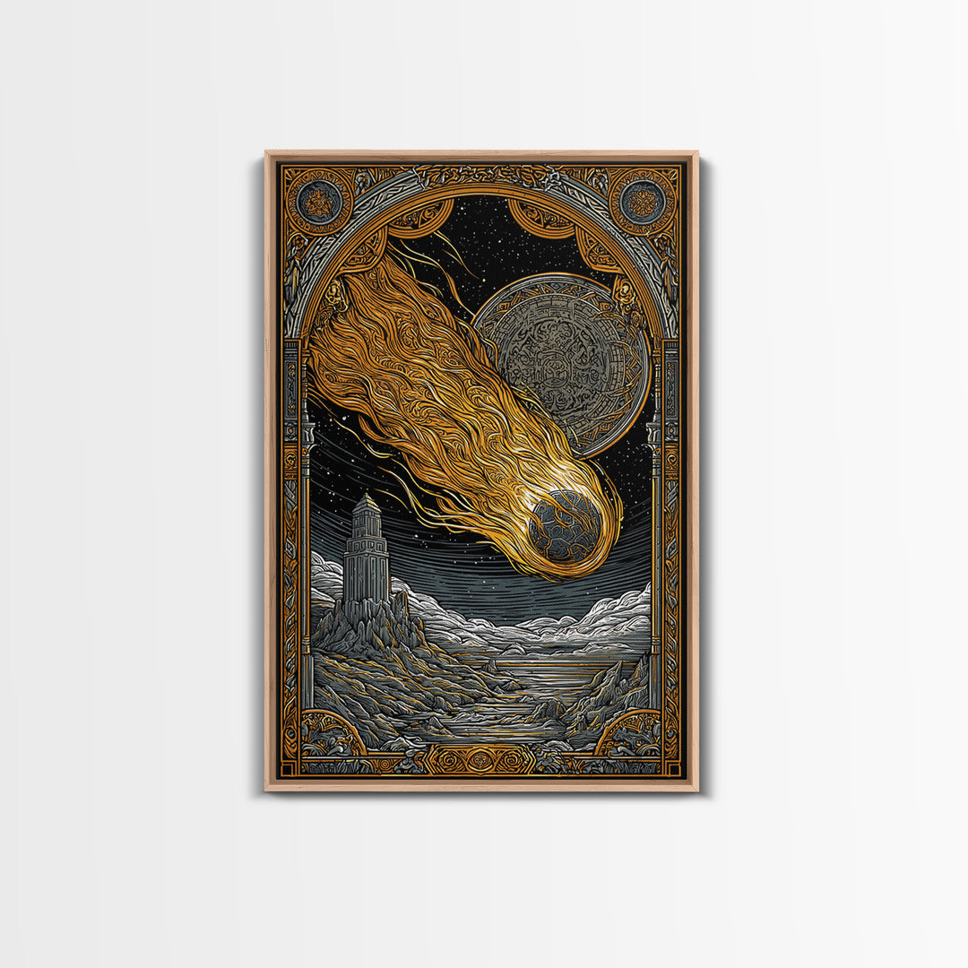 Falling Star Canvas Gold Art, Nordic Canvas Art of Ragnarok Myth, Viking Astronomy Wall Decor framed in natural wood for men