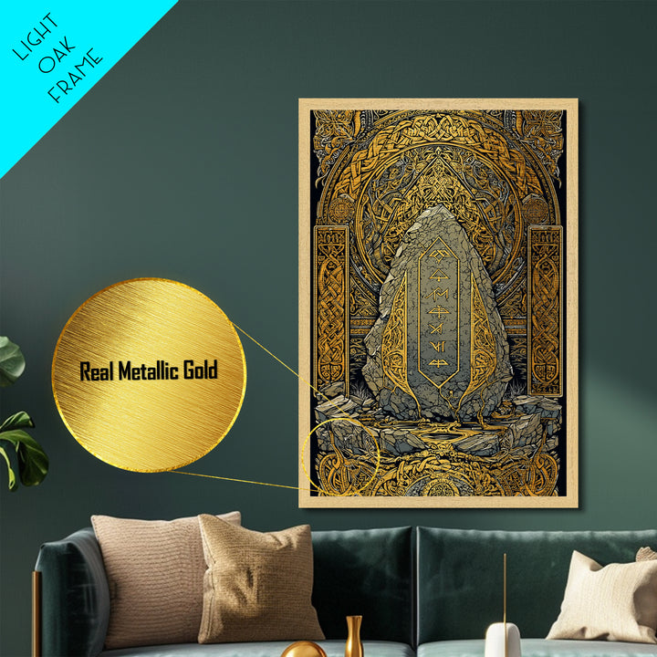 Obelisk Metallic Gold Art, Viking Metal Art Wall Decor with Norse Runes, Nordic Myth Inspired Office Decor in real wood frame