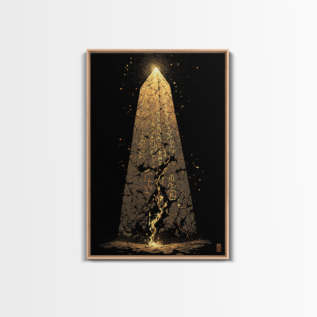 Glowing Obelisk Canvas Gold Art, Viking Canvas Art Wall Decor with Norse Runes, Nordic Myth Inspired Office Decor in real wood frame
