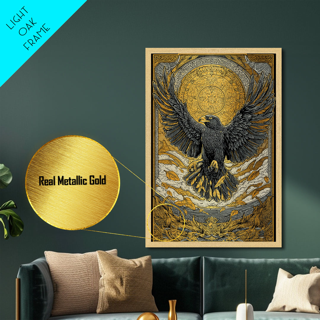 Nordic Eagle Guardian Metallic Gold Art Metal Art | Viking Wall Decor Norse Mythology Art for Men | Mounted in Real Wood Frame