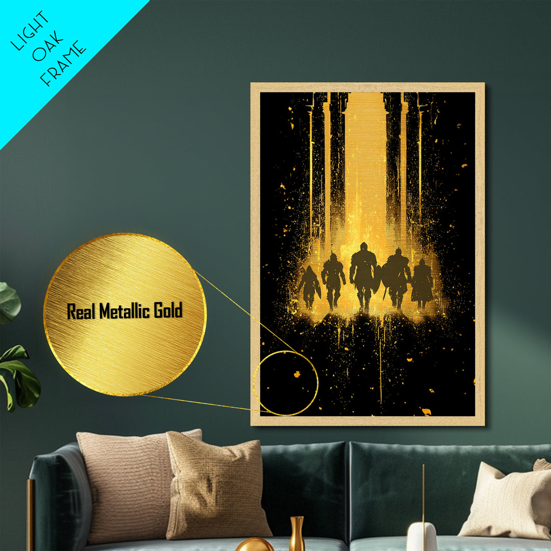 Norse Warriors Metallic Gold Art, Viking Metal Art Wall Decor with Epic Battle Silhouettes, Man Cave Gift framed in real wood