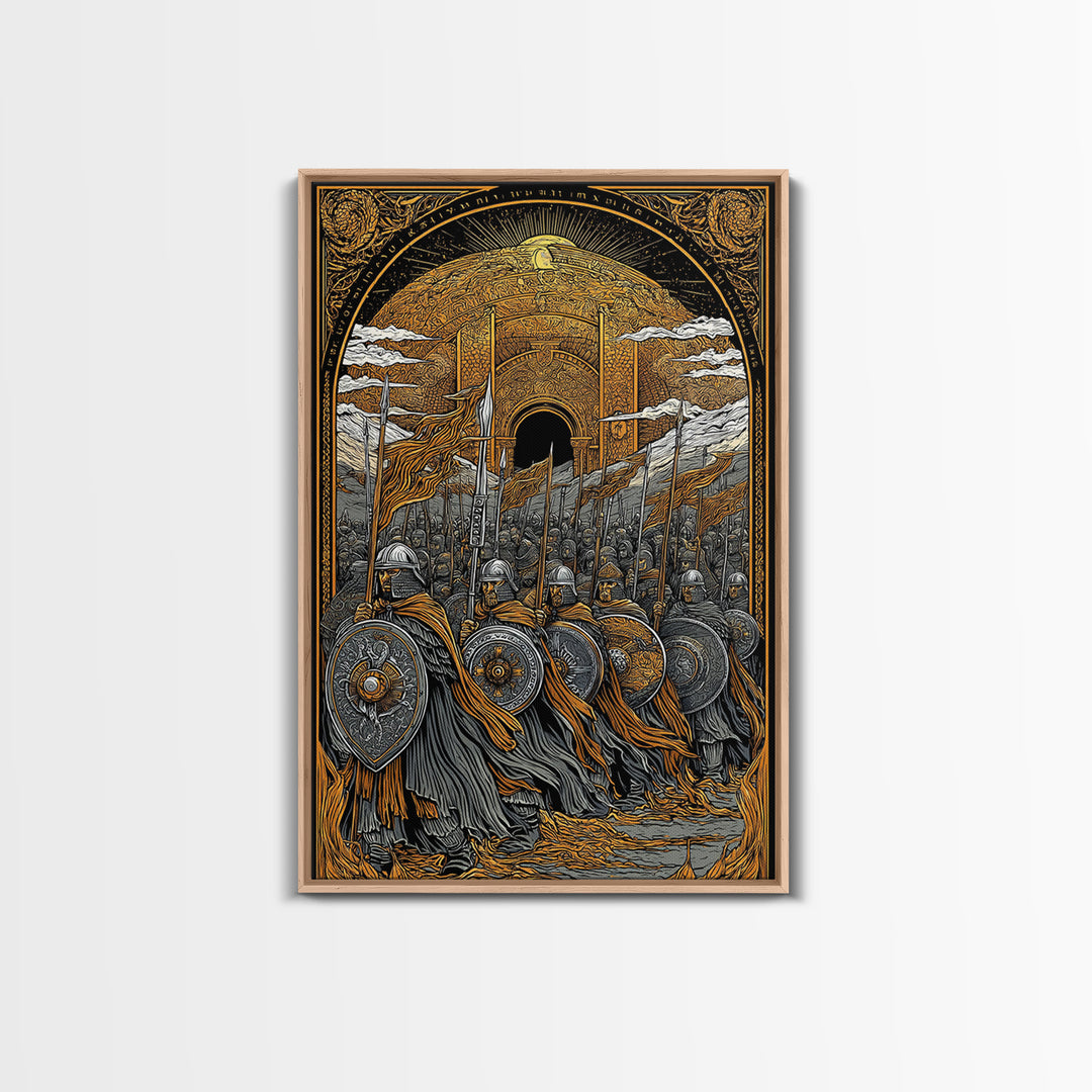Asgardian Army Canvas Gold Art Canvas Art | Norse Mythology Wall Decor with Viking Soldiers | Office or Dad Gift in Wood Frame