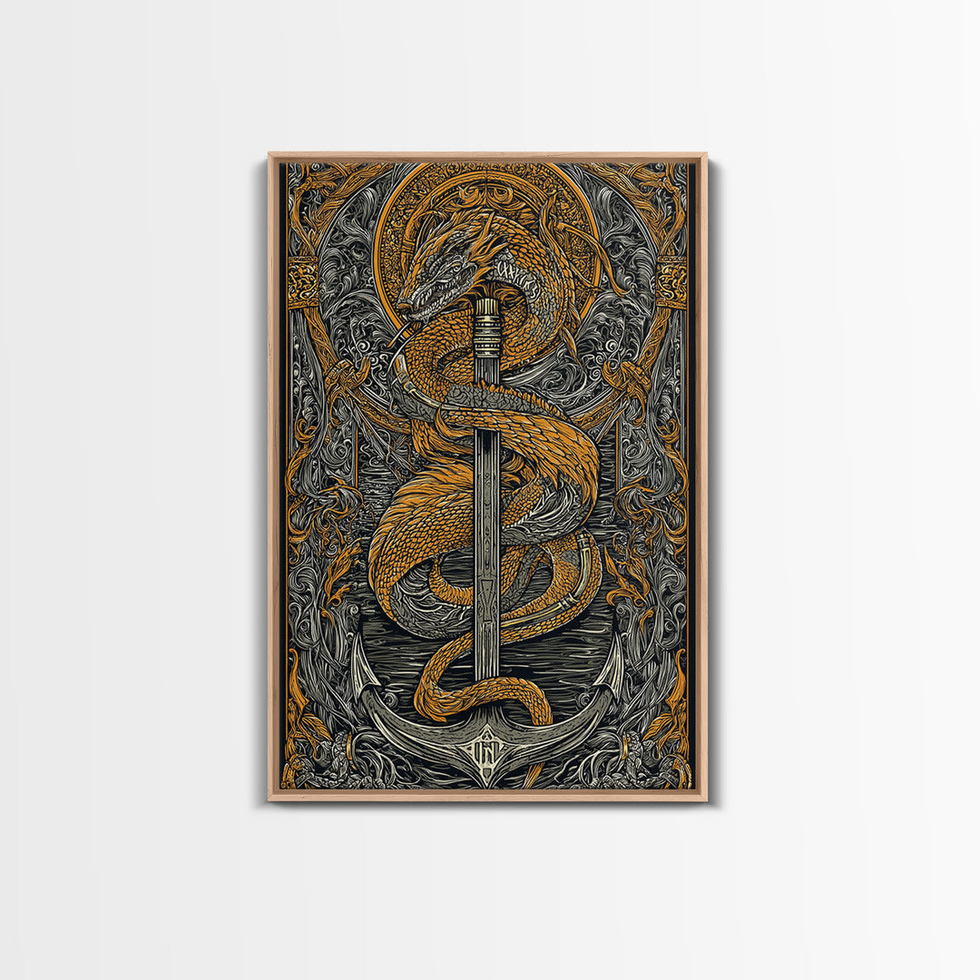 Jormungandr Serpent Canvas Gold Art Canvas Art | Norse Sea Dragon Mythology Wall Decor Pagan Symbol | Office Art with Real Wood