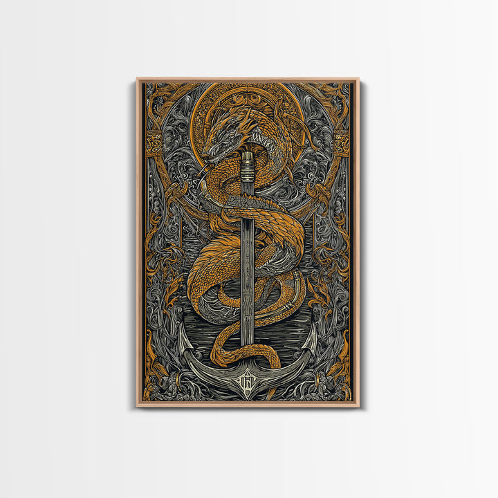 Jormungandr Serpent Canvas Gold Art Canvas Art | Norse Sea Dragon Mythology Wall Decor Pagan Symbol | Office Art with Real Wood