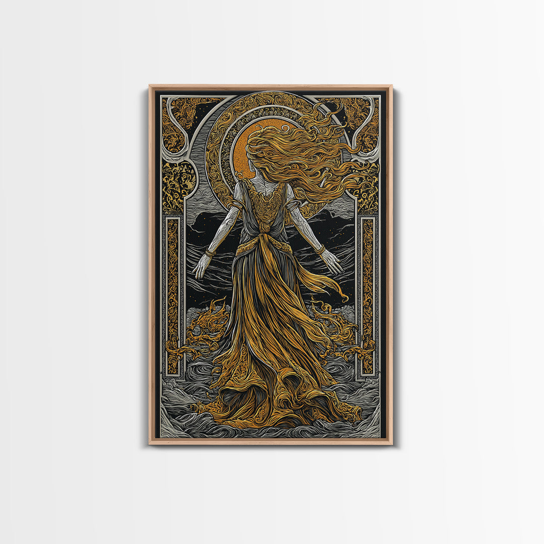 Goddess Freyja Canvas Gold Art Canvas Art | Norse Mythology Divine Feminine Wall Decor | Man Cave or Office Art in Wood Frame