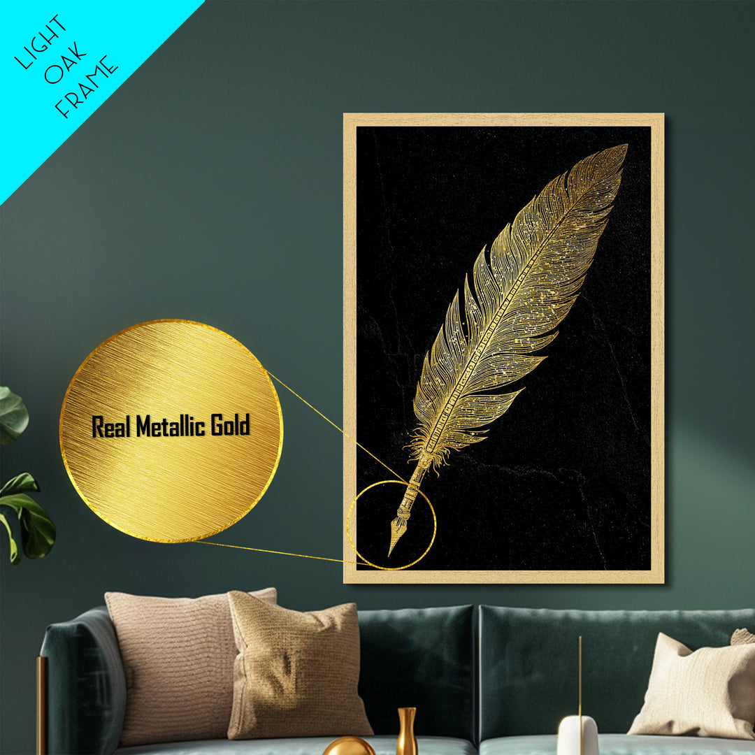 Runic Feather Quill Metallic Gold Art Metal Art | Viking Mythology Writing Symbol Wall Decor | Office or Study Gift with Wood Frame