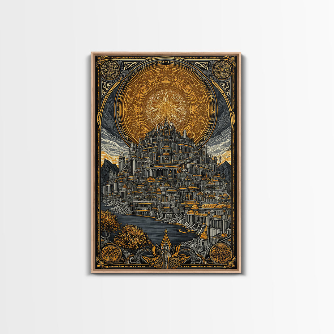 Asgard City Canvas Gold Art Canvas Art | Norse Mythology Viking Wall Decor Office Art | Nordic Fortress Scene in Real Wood Frame